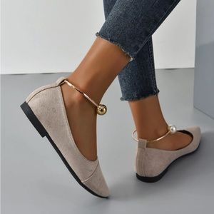 Floral Embroidered Point Toe Ankle Strap Flats